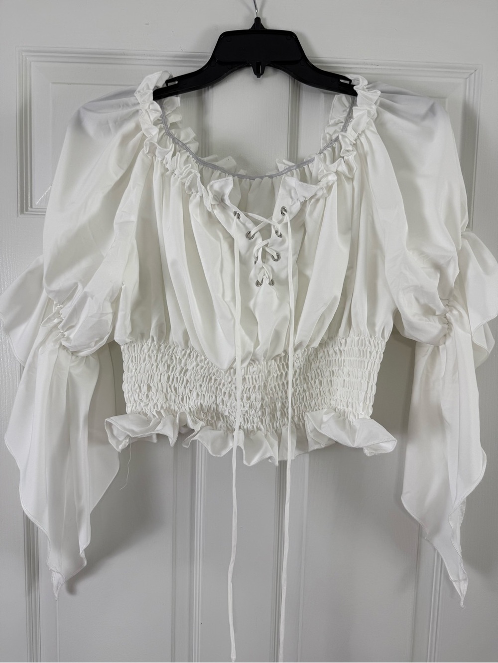 Ivory White Steampunk Peasant Lace-Up Smocked Top 2X